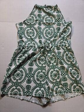 Green and White Printed Halter Romper